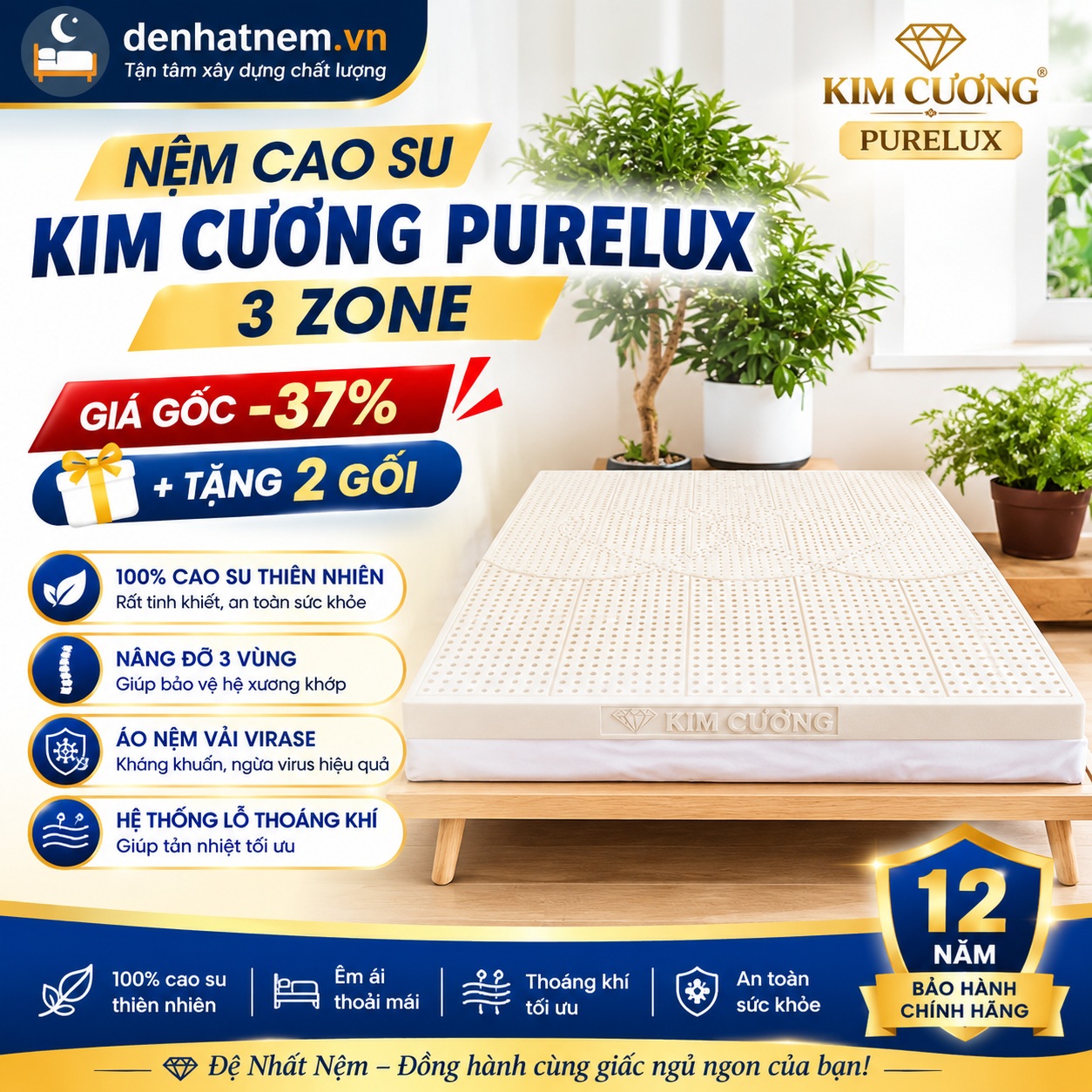 Nệm cao su thiên nhiên tốt nhất Kim Cương PURELUX 3 Zone tại Đệ Nhất Nệm
