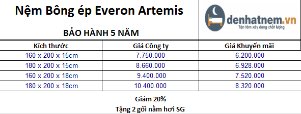 Cập nhật bảng giá Nệm Everon Artemis mới nhất tại Đệ Nhất Nệm