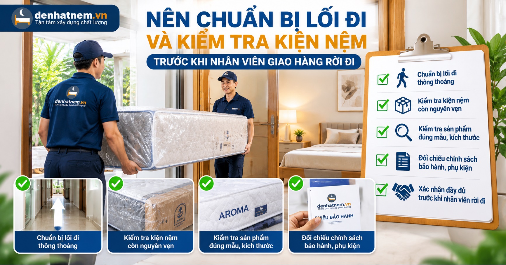 Nhân viên vận chuyển nệm đến nhà để khách kiểm tra khi nhận hàng