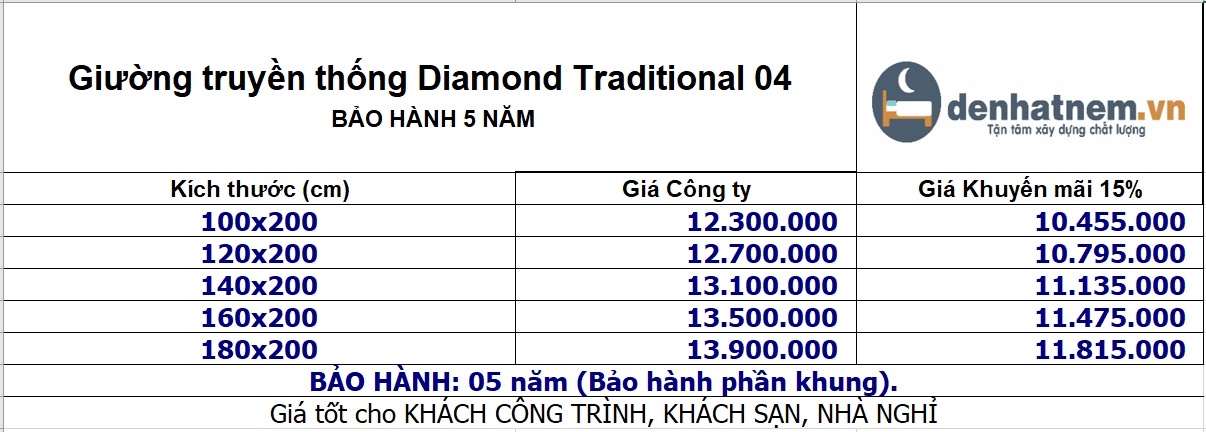 bảng giá giường kim cương traditional