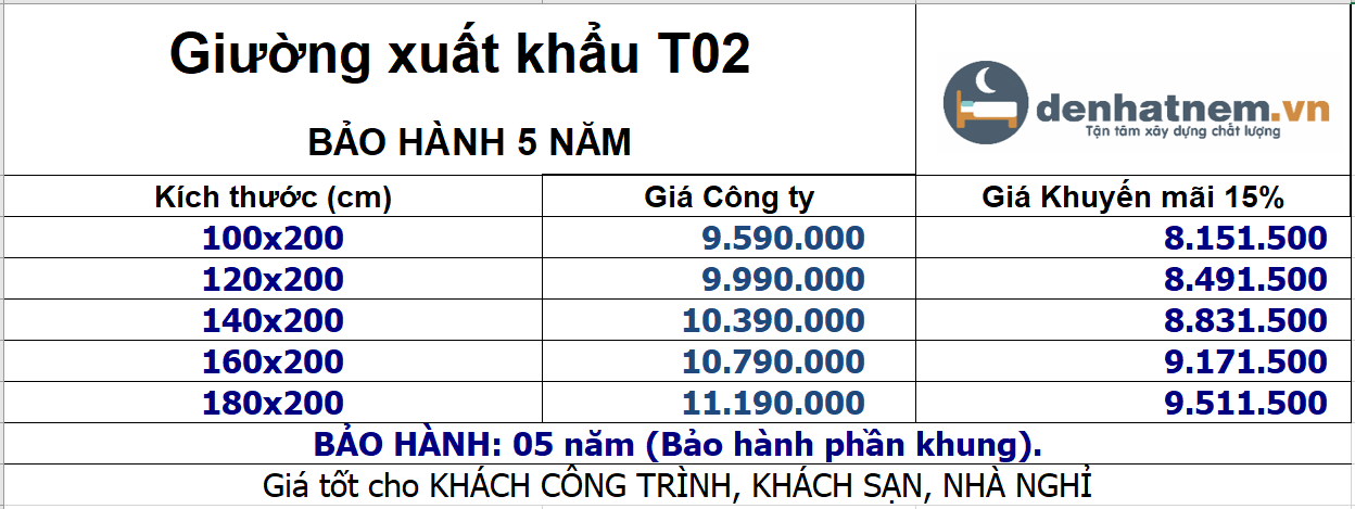bảng giá giường kim cương xk T01