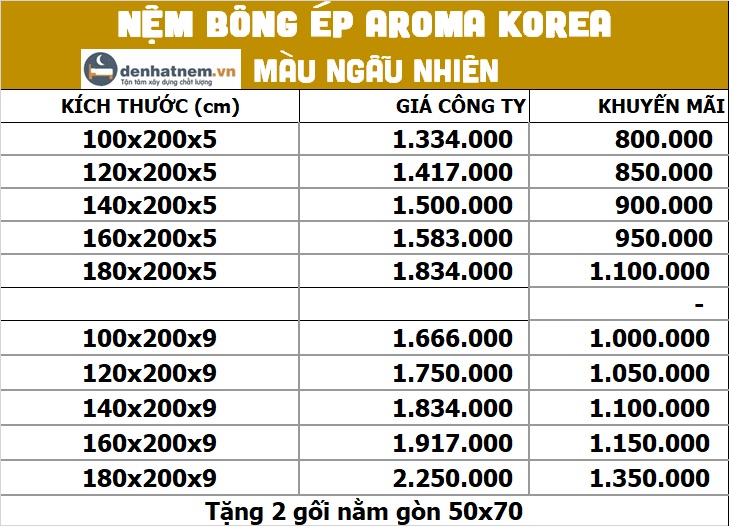 Bảng giá nệm bông ép gấp gấp 3 Aroam Korea tại Đệ Nhất Nệm
