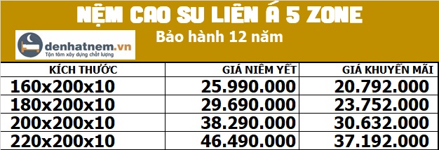 Bảng giá nệm cao su Liên Á 5 Zone tại Đệ Nhất Nệm
