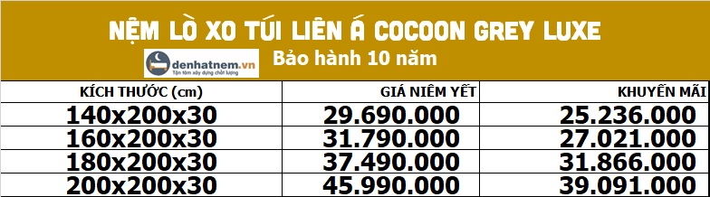 Bảng giá nệm lò xo Liên Á Cocoon Grey Lux tại Đệ Nhất Nệm
