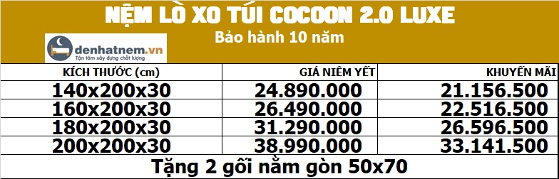 Bảng giá nệm lò xo Liên Á Cocoon 2.0 Luxe tại Đệ Nhất Nệm