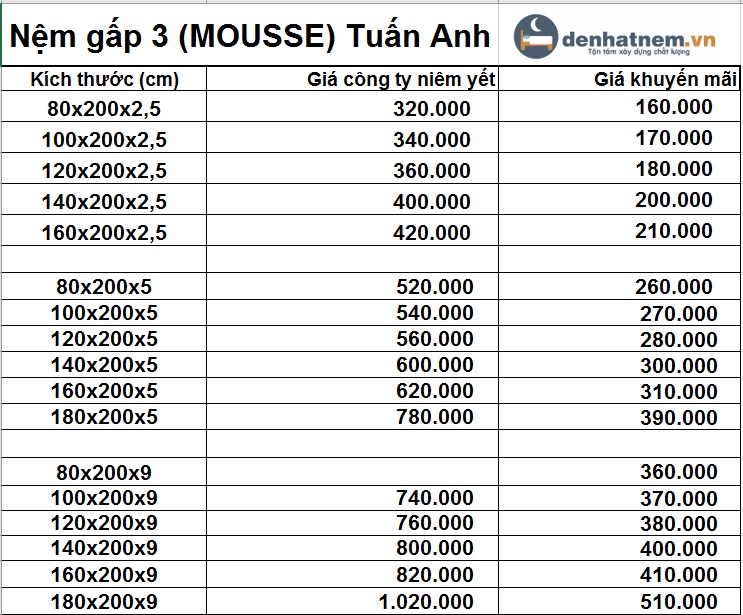 Bảng giá nệm gấp 3 PE Tuấn Anh mới nhất 2021
