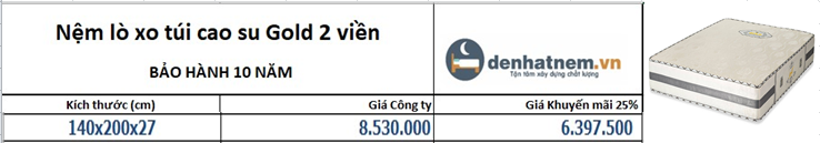 Nệm lò xo túi cao su Gold 2 viền Kim Cương khuyến mão 25%