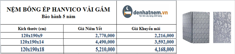Bảng giá dòng Hanvico Vải gấm mới nhất tại Đệ Nhất Nệm