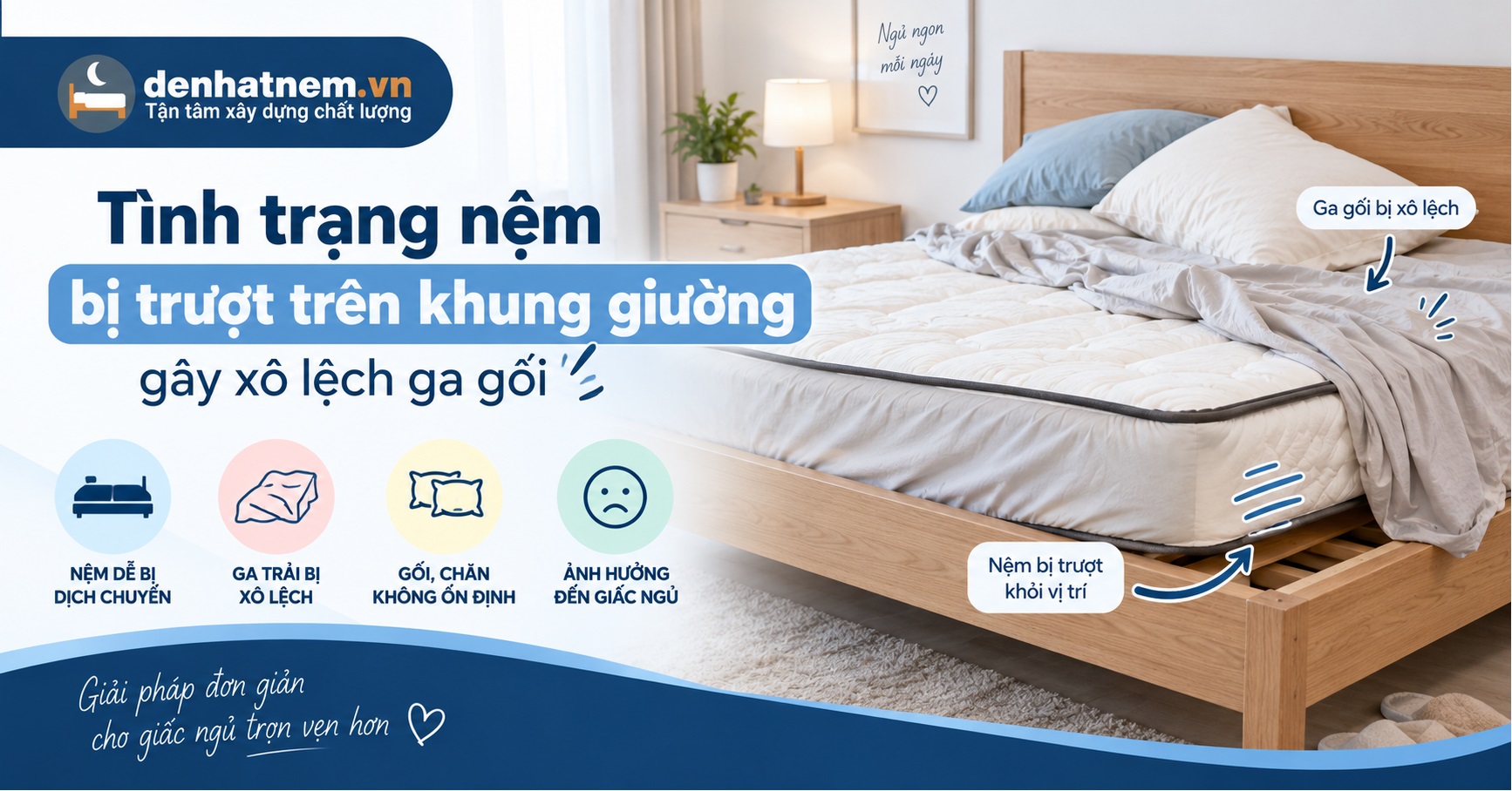 Tình trạng nệm bị trượt trên khung giường gây xô lệch ga gối