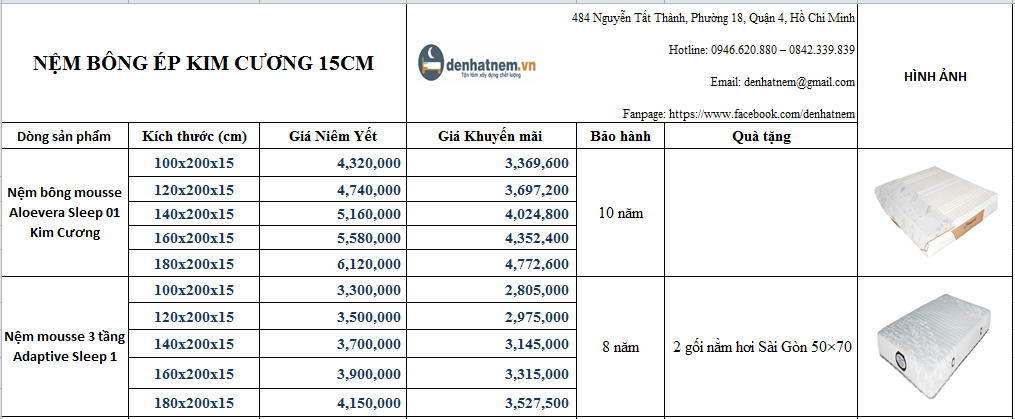 Nệm bông ép Kim Cương 15cm giá tốt tại Đệ Nhất Nệm