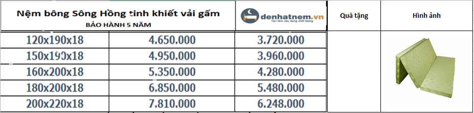Nệm bông ép sông Hồng Vải Gấm 18cm khuyến mãi 20%