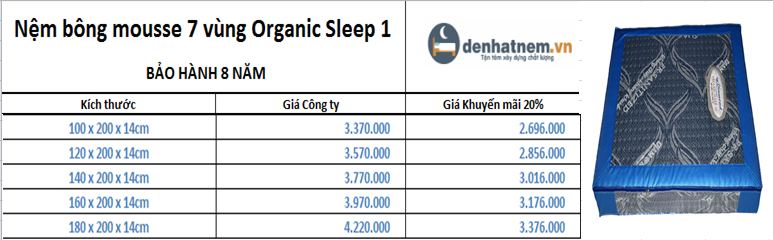 Nệm bông Mousse 7 vùng Organic Sleep 02 14cm khuyến mãi 15%