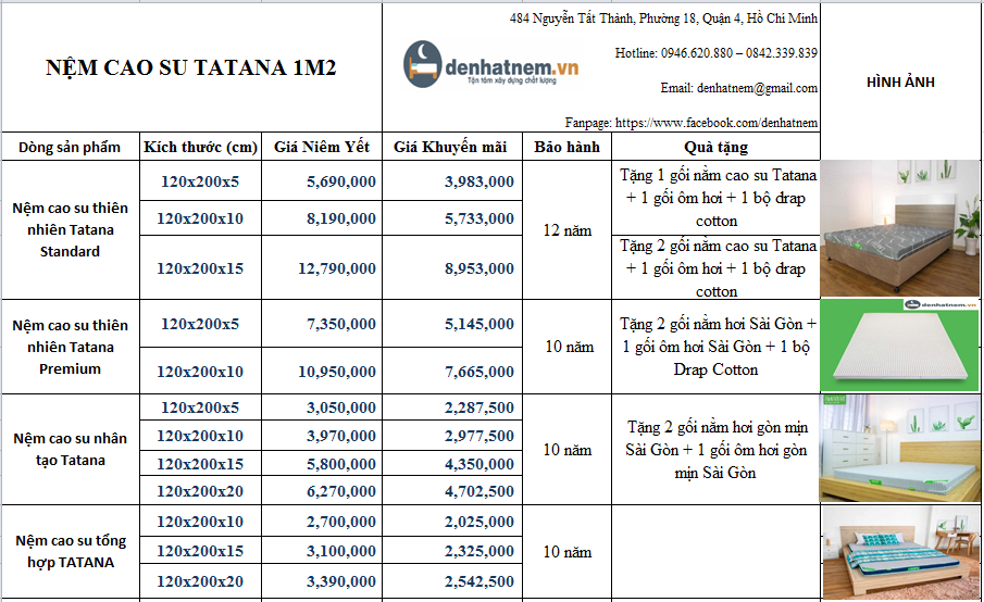 Nệm cao su TATANA 1m2 khuyến mãi lớn + quà tặng hấp dẫn