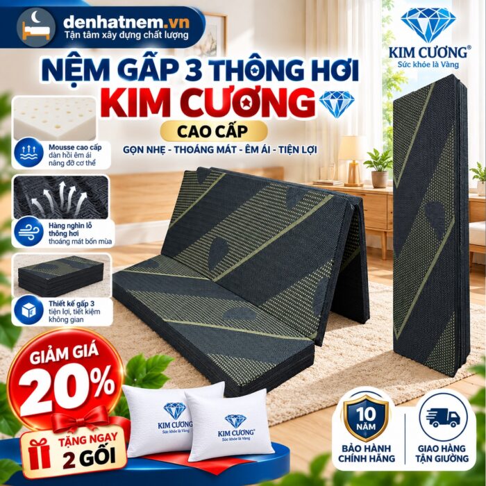 Nệm Gấp 3 Thông Hơi Cao Cấp Kim Cương Giảm 20% 2026