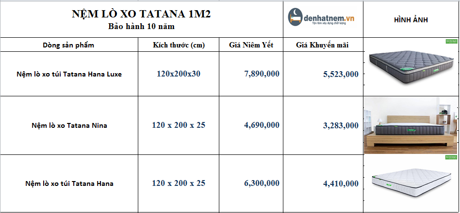 Giá nệm lò xo Tatana kích thước 1m2 mới nhất