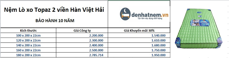 Dòng nệm Topaz 2 viền Hàn Việt Hải được khuyến mãi 30%