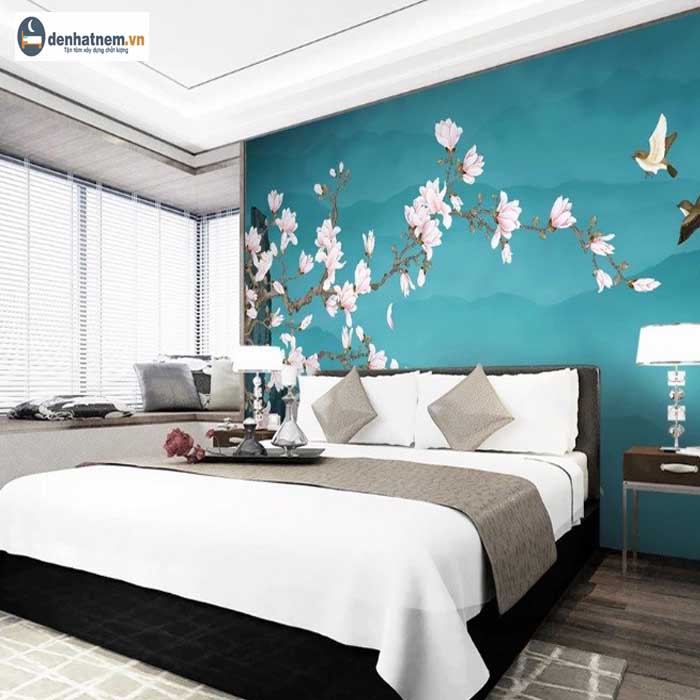 Giấy dán tường được sử dụng để trang trí cho toàn bộ phần tường đầu giường ngủ