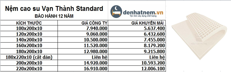 Nệm cao su Vạn Thành Standard 10cm khuyến mãi 29%